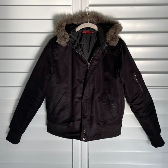 Black Puma Bomber Faux Fur Hooded Moto style Jacket Sized Large - Picture 4 of 14